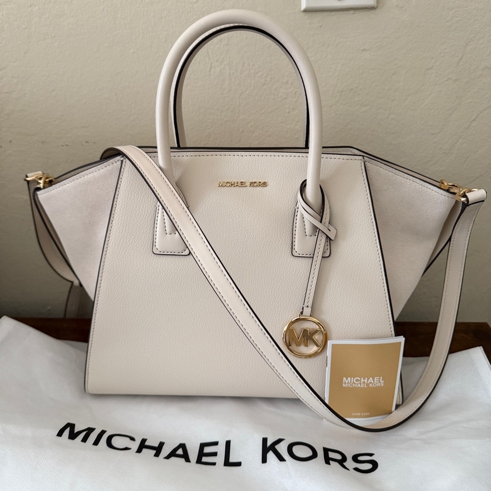 New Michael Kors Avril Large Satchel Bag Leather & Suede Cream w/ Dustbag